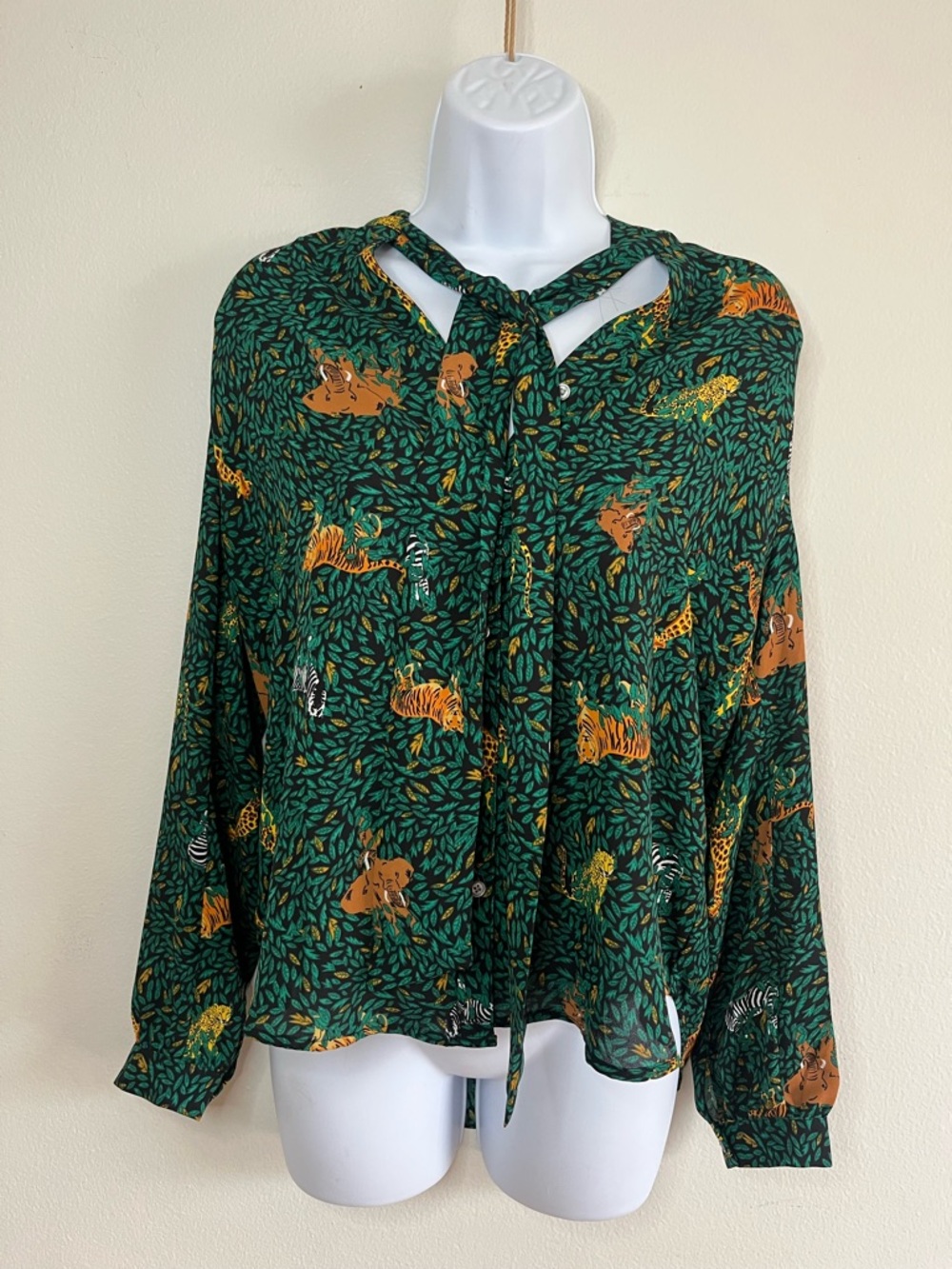 J. Crew Jungle Animal-Print Tie Neck Blouse